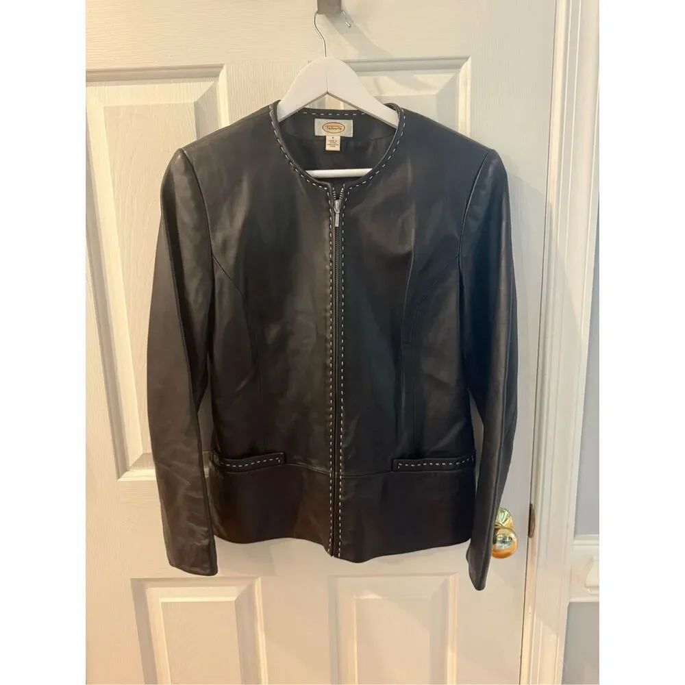 Talbots Black Leather White Stitch Accented Leather Jacket sz 6 EUC